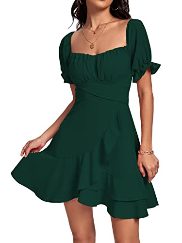 LYANER Women's Square Neck Ruffle Wrap Mini Dress Off Shoulder Flounce Short Sleeve A Line Flowy Dress - Large - Dark Green