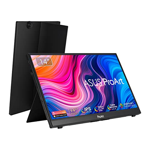 ASUS ProArt Display 14” 1080P Portable Touchscreen Monitor (PA148CTV) - Full HD, IPS, 100% sRGB/Rec.709, Color Accuracy ΔE < 2, Calman Verified, USB-C Power Delivery, Micro HDMI, Tripod Socket,Black - 14" IPS FHD Touch USB-C Power Delivery
