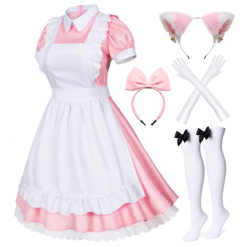 Japanese Anime 6Pcs Lolita French Maid Apron Fancy Dress Cosplay Costume Gloves Headwear Socks Set