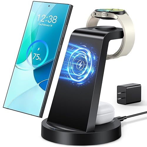 Wireless Charger for Samsung: 3 in 1 Wireless Charging Station for Samsung Galaxy Watch 7 6 5 4 3 Pro Classic Galaxy Buds - Charger Dock Stand for S24 Ultra S23 S22 S21 S20 Note 20 10 Z Fold Android - Black