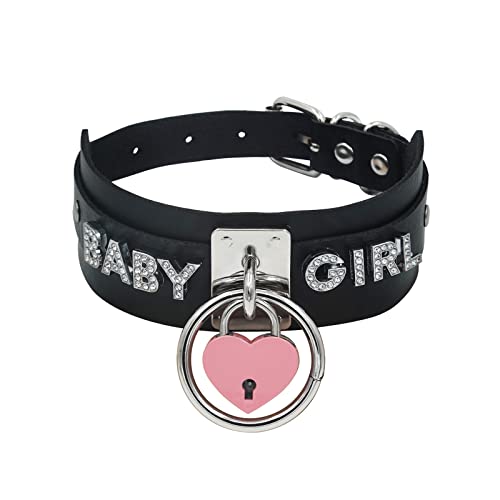 paloli Black Heart Padlock O-ring Choker Necklace for Women, Punk Gothic Letter Leather Collar Pink padlock Jewelries - BLACK - BABY