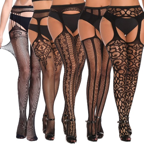 SOUTHRO 5 Pairs Women Lingerie Garter Belt Stocking Fishnet Thigh High Tights Suspender Pantyhose - One Size 5pcs-a-black