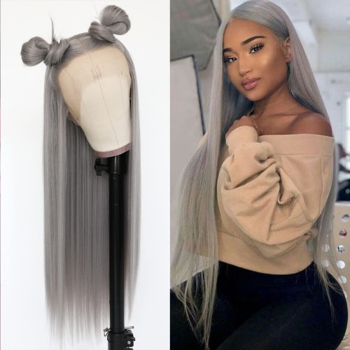 Lovestory Long Straight Synthetic Lace Front Wigs Heat Resistant Gray Wig Natural Hair Wig For Women 180 Density 22-24 inch - A-gray