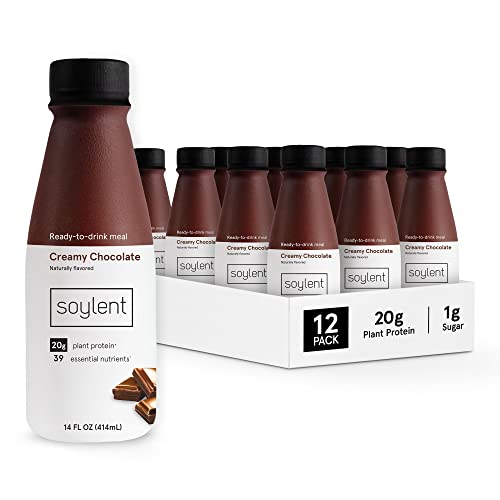 Soylent Creamy Chocolate Meal Replacement Shake, Ready-to-Drink Plant Based Protein Drink, Contains 20g Complete Vegan Protein and 1g Sugar, 14oz, 12 Pack - Chocolate - 14 Fl Oz (Pack of 12)