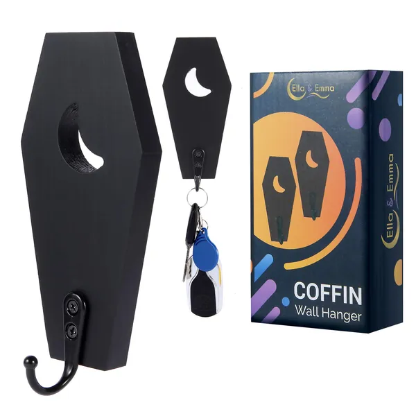 Wall Mounted Key Holder for Keys (Pack of 2) - Coffin Shaped Towel Holder, Coffee Mug Holder, Witchy Room Decor, Wood Key Hook, Mini Coffin Key Hanger - Wooden Hanging Hooks for Home and Bathroom - 