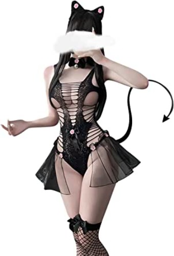 Zzalalana Womens Kawaii Lingerie Sets Sexy School Girl Cat Girl Outfits Exotic Roleplay Lingerie Sleepwear Sets for Sex Game - Black One Size