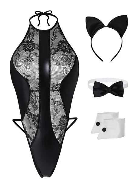 XSPICE Women Cat Lingerie Catsuit Costume Catwomen Cosplay Outfit with Cat Ears - Black Small-Medium