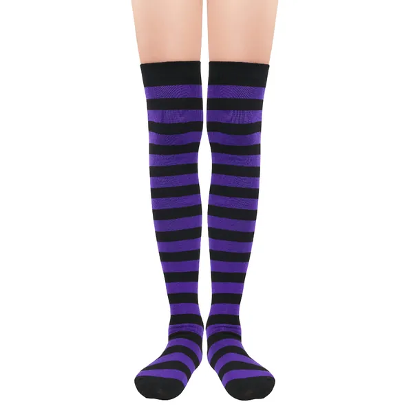 Zando Womens Thigh High Socks Striped High Knee Socks Knee High Socks for Cosplay Long Socks Over the Knee Leg Warmers - One Size A Black & Purple Stripes