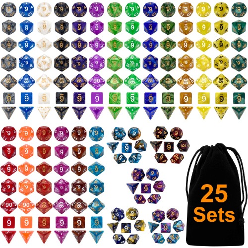 DND Dice Set 25 x 7 (175 Pieces) Double-Colors Polyhedron Dice for Dungeons and Dragons D&D RPG MTG Table Games D4 D6 D8 D10 D% D12 D20 25 Colors Dice with 1 Large Flannel Bag