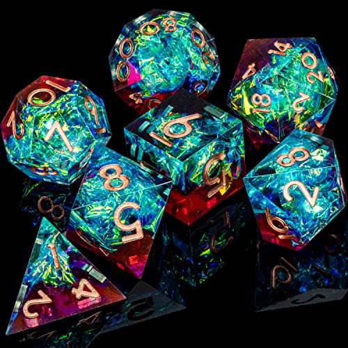 ARUOHHA Sharp Edges Dice Set DND Resin Lightning D&D Dice with Box, Translucent Polyhedral Dice Dungeons and Dragons RPG Role Playing Games Handmade Inclusion D and D Dice Set D20 D12 D10 D8 D6 D4 - Green & Blue & Red