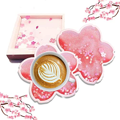 2pcs Sakura Coasters,Non-Slip Insulation Acrylic Coaster, Funny Coasters,Cute Cherry Blossom Decor,Gift for Girlfriend Women Kids Wife (Pink) - 2pcspink