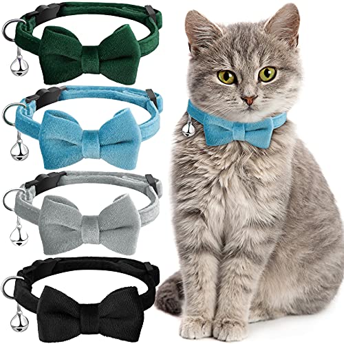 4 Pieces Cat Bow Tie Collar with Bell Breakaway Cat Collar Comfortable Velvet Cat Collar with Cute Safety Pet Collar for Pet Kitten Puppy (Black, Gray, Dark Green, Blue,Small) - S - Black, Gray, Dark Green, Blue