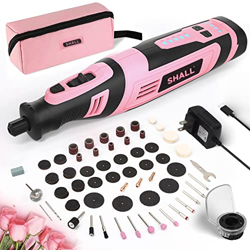 SHALL 8V Cordless Rotary Tool Kit, Pink Lightweight 2.5 Ah Battery Rechargeable Rotary Tool w/ 121 Accessories, 5-Speed Power Rotary Tool for Sanding, Carving, Polishing, Engraving, Pet Grooming