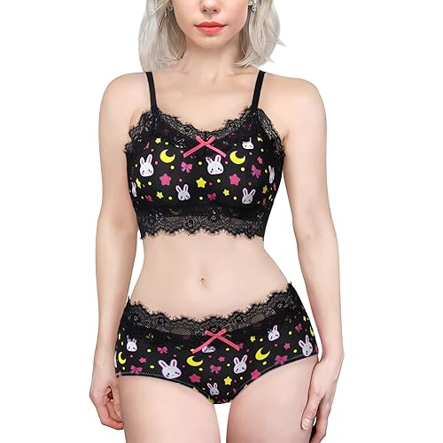 LittleForBig Lacy Trim Women Nightwear Strap Sleepwear Cami Top Shorts Lingerie bralette loungewear Set - Sweet Usagi - 4XL - Black