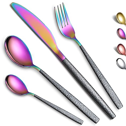 Kyraton Cutlery Set 16 Pieces with Moon Surface Black Handle and Shiny Rainbow Mouth Titanium Coating Stainless Steel Modern Cutlery Set Utensils Set Service for 4 - 3.pack of 16 Rainbow