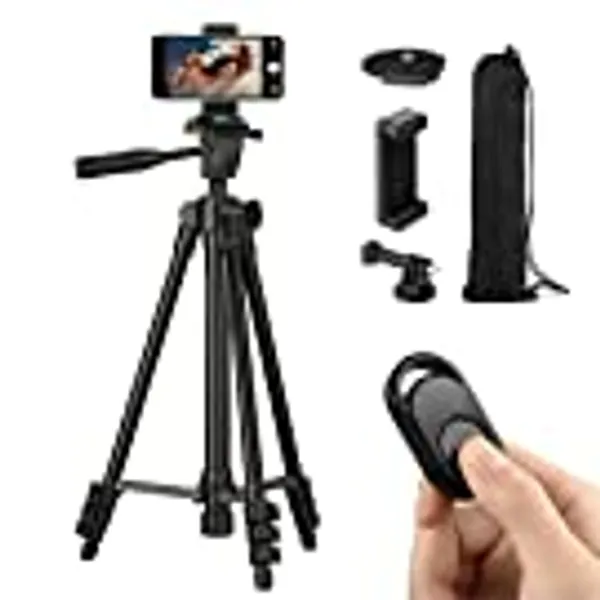 Polarduck Camera Mount Phone Tripod Stand: 42-Inch 106cm Lightweight Travel Tripod for iPhone with Remote & Phone Holder & GoPro Adapter Compatible with iPhone & Android Cell Phone | Matte Black