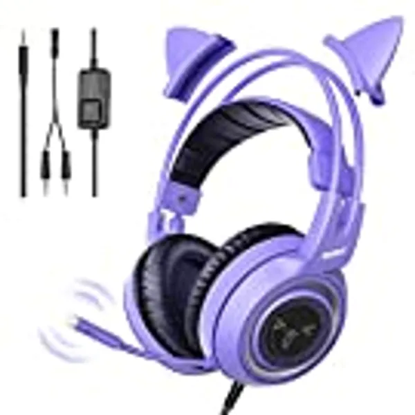 SOMIC G951S Purple Stereo Gaming Headset with Mic for PS4, PS5, Xbox One, PC, Phone, Detachable Cat Ear 3.5MM Noise Reduction Headphones Computer Gaming Headphone Self-Adjusting Gamer Headsets