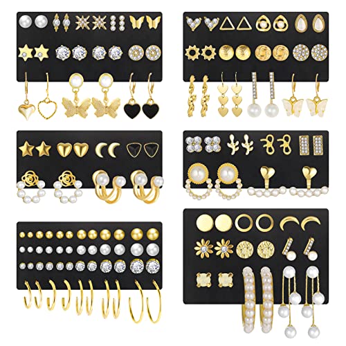 68 Pairs Gold Stud Earrings for Women Multipack, Hypoallergenic Assorted Girls Earring Set Multiple Piercings,Cubic Zirconia Pearl Butterfly Stud Hoop Earring Pack - Gold