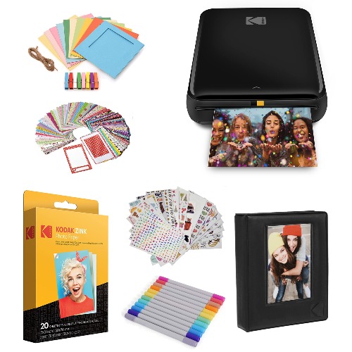 KODAK Step Drucker, Kabelloser mobiler Fotodrucker mit Zink-Technik und gratis KODAK App für iOS und Android (Schwarz) Geschenkpaket, 2x3 - Schwarz Starterpaket