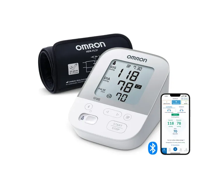 OMRON X4 Smart Automatisches Blutdruckmessgerät, klinisch validiert, auch für Diabetiker und Schwangere, mit kostenloser Smartphone App für iOS und Android, „Gut“ bei Stiftung Warentest 09/2020 - Smart Blutdruckmessgerät