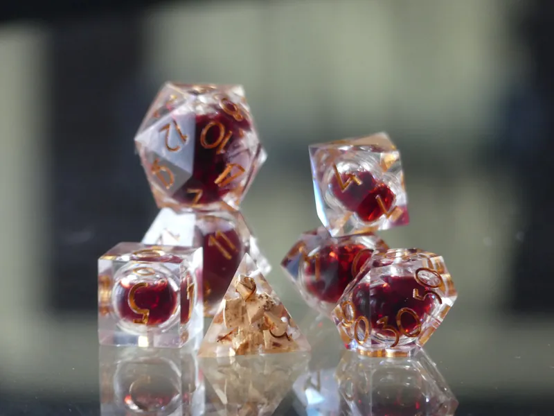Real RED WINE Dice | Liquid Core, Handmade Resin 7 Dice Set for DnD, Pathfinder, Dungeons and Dragons, RPG, Vampire dice Blood filled