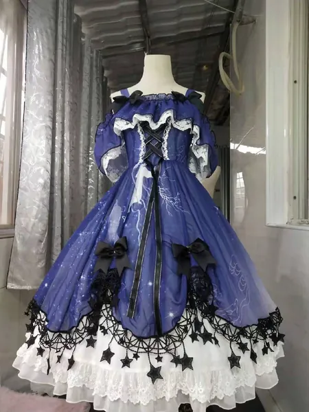 Stardust Dress Blue Black Star OP Handmade Custom/Knee Length Version