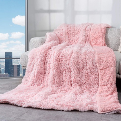 Cottonblue Fluffy Weighted Blanket 15lbs, Luxury Fuzzy Faux Fur Weighted Blanket Throw for Adults, Long Fur Shaggy Snugly Blanket Cosy Winter Blanket for Home Decor, 48x72 in, Pale Pink - 48 x 72 15 lb Pink