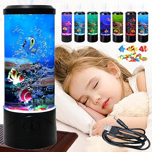 Mini Bubble Fish Lamp,Fake Fish Tank Aquarium Lamp,Multi-Color Changing Aquarium Light with 3 Artificial Fish Night Lights-for Home Office Living Room Decor for Kids Men Women - With 3 fishs