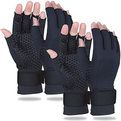2 Pairs Copper Arthritis Gloves for Women Men, Compression Gloves with Adjust Strap for Arthritis, Wrist Support, Hand Pain, Fingerless Computer Typing Gloves for Carpal Tunnel, RSI (Large/X-Large) - Large / x-Large - Black