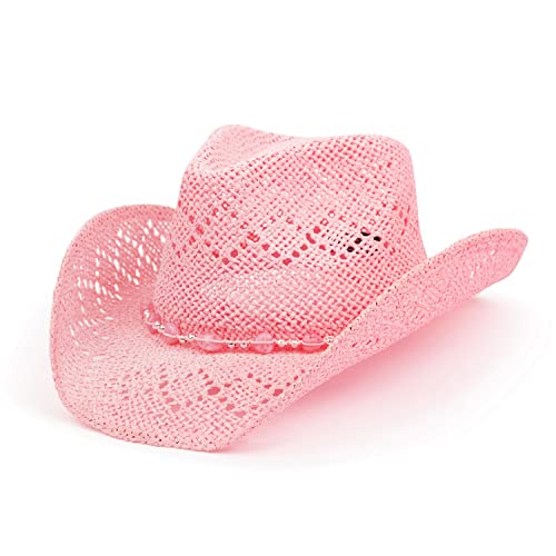 Straw Cowgirl Hat Beaded Trim - Light Pink