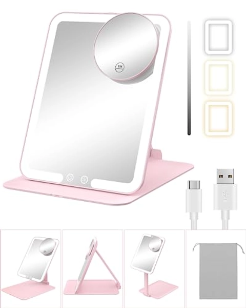 Gospire Rechargeable Travel Makeup Mirror with Lights and Magnification 10X, Foldable Stand & Angle Sensor Light, 3 Light Colors & Stepless Dimming, Lighted Mirror LED Vanity Mirror - Pink