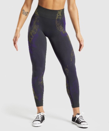 Gymshark WTFlex Seamless Leggings - Black/Neptune Purple/Reactive Green | Large
