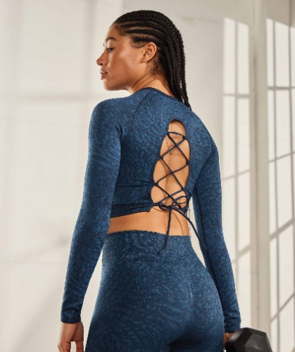 Gymshark Adapt Animal Seamless Lace Up Back Top - Wild | Navy | Medium