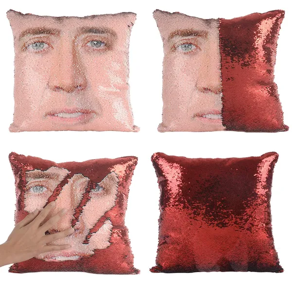 Merrycolor Nicolas Cage Mermaid Pillow Cover Sequin Pillow Case Funny Gag Gifts Reversible Sequin Pillow Cover Decorative Throw Cushion Case (Red)