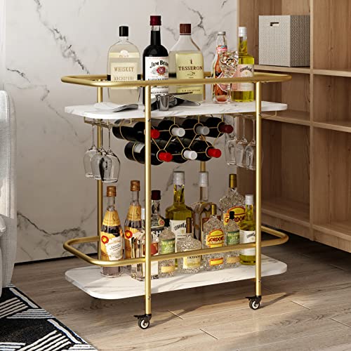 BENOSS 2-Tier Gold Bar Cart on Wheels, 33'' H Mobile Serving Wine Cart with Glass Holder and Wine Rack, Modern Rolling Drink Trolley for Coffee Tea Wine, Beverage Bar Cart for The Home Kitchen Party - 2-Tier Gold
