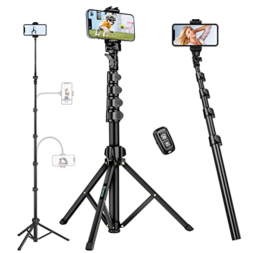 Selfie Stick Tripod, 85" Phone Tripod, Aluminum Tripod Stand for Video Recording Photo Vlog, Travel Cell Phone Tripod with Gooseneck/Remote/Phone Holder, Compatible with iPhone Android Smartphone - 85" - Black