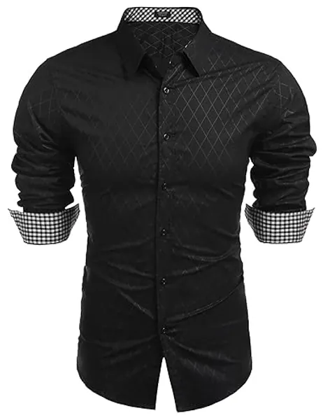 COOFANDY Men's Business Dress Shirt Long Sleeve Slim Fit Casual Button Down Shirt - Black - Large