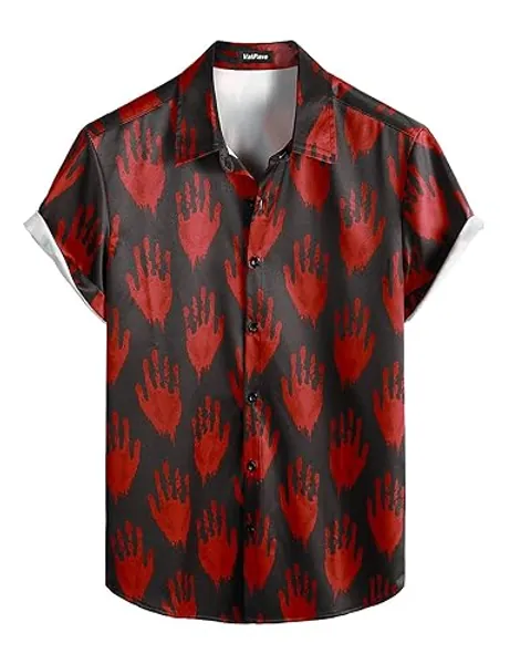 VATPAVE Mens Halloween Pumpkins Button Down Short Sleeve Shirts Casual Skull Shirt - X-Large - Black Red