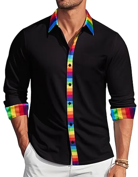 Barry.Wang Mens Satin Silk Shirts Long Sleeve Designer Dress Shirt Shiny Untucked Casual Button Down Shirt Party Disco Formal - Large - Rainbow Black