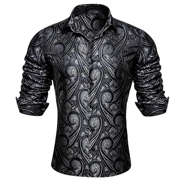 Barry.Wang Mens Western Shirts Silk Paisley Long Sleeve Button Down Dress Shirt Designer Mexico Cowboy Shirt Party Casual - Large - Black Grey