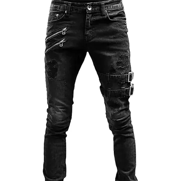 Maiyifu-GJ Men's Distressed Moto Biker Jeans Ripped Punk Gothic Zipper Denim Pants Hip hop Tapered Leg Slim Fit Jean - X-Large - Black