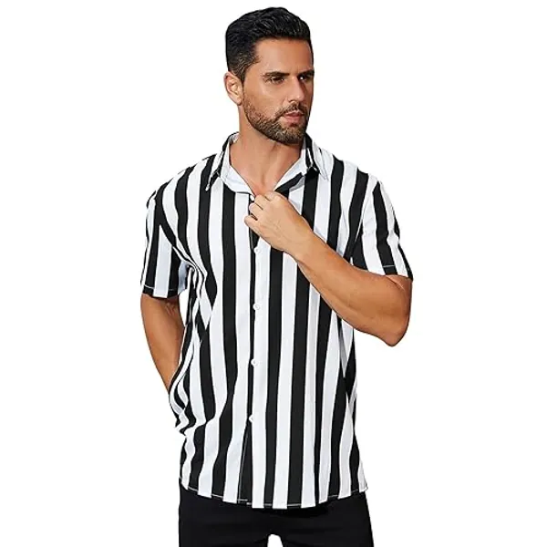 ABAFIP Men's Casual Striped Button Down Short Sleeve Shirt Summer Beach Hawaiian Button up Dress Shirts - X-Large - Black