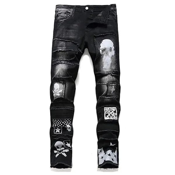 qingtianzhuxinxikejiyouxiangongsi Men's Jeans Ripped Slim-Fit Black Skinny Fashion Denim Jean Pants Durable Biker - 40W x 32L - Black