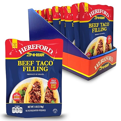 Hereford Beef Taco Filling | Shelf Stable | Halal | Fully Cooked | Ready-to-Eat | 10g of Protein per Serving | 6oz per Pouch (Case of 12)
