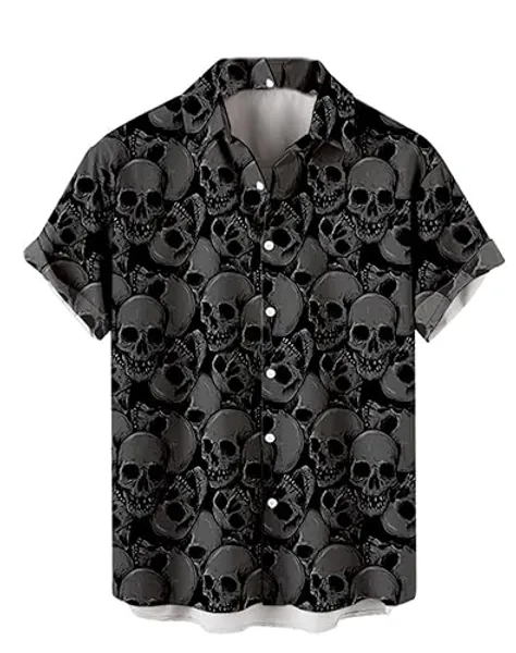Homidam Cool Skull Button-down Shirt Summer Skeleton Print Hawaiian Shirt - X-Large - Black Grey
