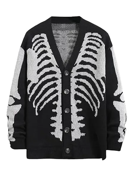 SHENHE Men's Skeleton Pattern Cardigan Sweaters Long Sleeve Unisex Outwear Knitted Coats - X-Large - Black