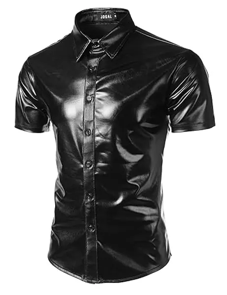 JOGAL Men's 70s Disco Shiny Metallic Gold Silver Short Sleeve Button Down Shirt - X-Large - Black