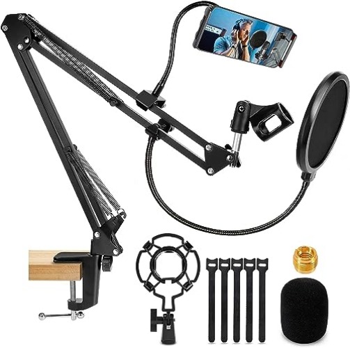 RenFox Microphone Stand, Professional Adjustable Mic Stand with Screw Adapter and Pop Filter Suitable for Radio and Television Stations, Recording Studios, Compatible with Blue Yeti Microphone