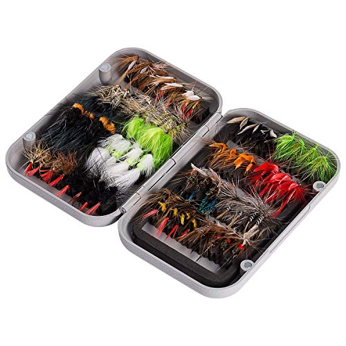 BASSDASH Fly Fishing Flies Kit Fly Assortment Trout Bass Fishing with Fly Box, 36/64/72/76/80/96pcs with Dry/Wet Flies, Nymphs, Streamers, Popper - 64 pcs assorted flies kit with magnetic fly box
