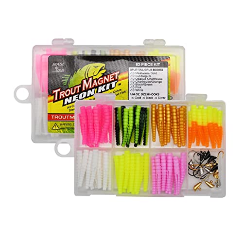 Trout Magnet 82 Piece Neon Fishing Kit, Catches All Types of Fish, Includes 70 Grub Bodies And 12 Size 8 Hooks